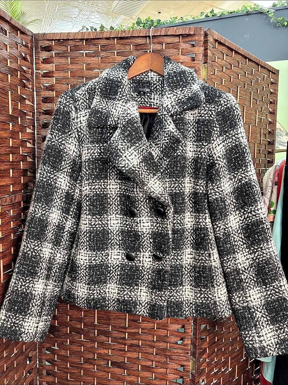 East 5th Plaid Pea Coat in Black & White Size Medium